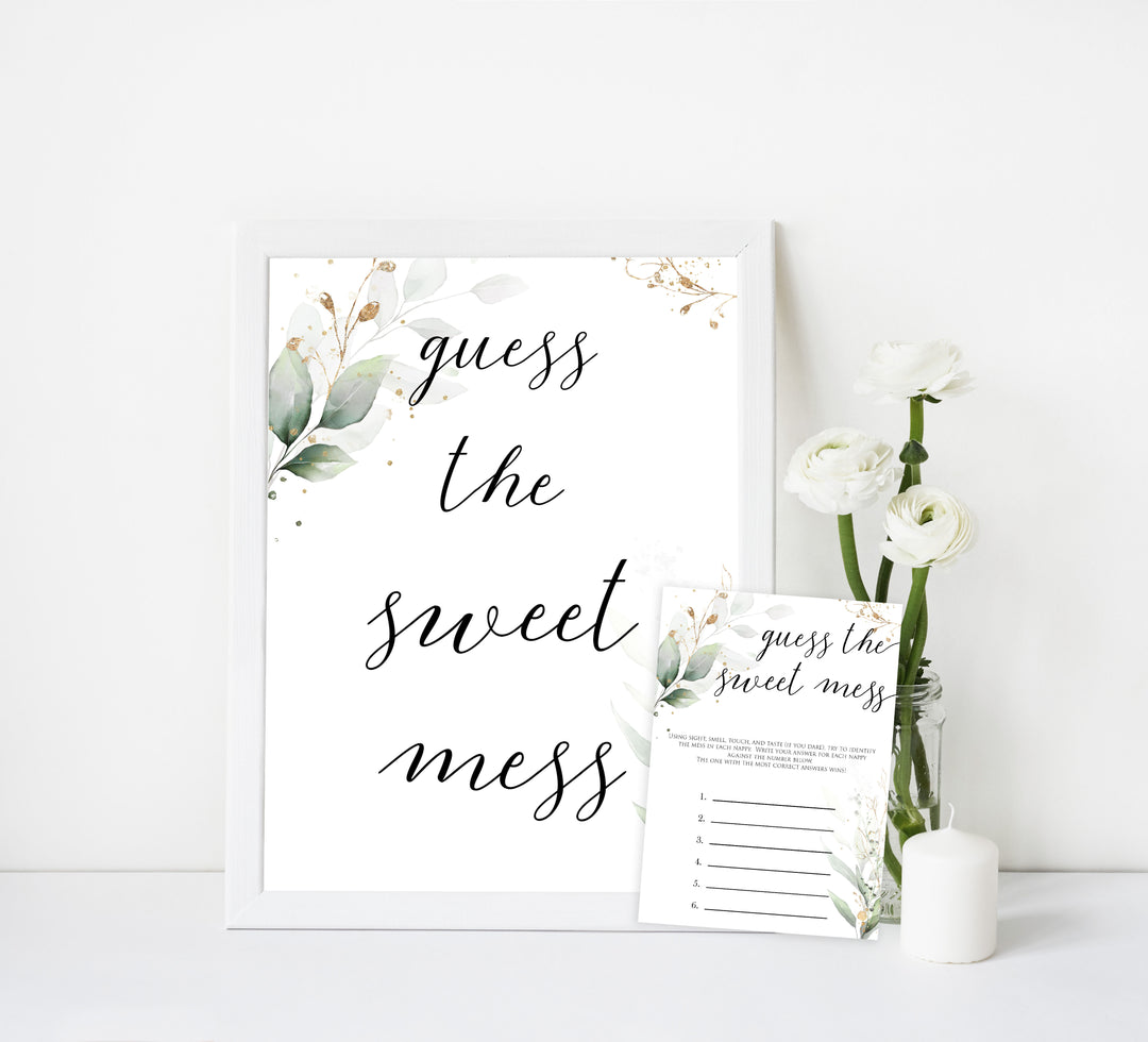 Gold green leaf baby games, guess the sweet mess, printable baby games, fun baby games, top baby games to play, gold leaf baby shower, greenery baby shower ideas