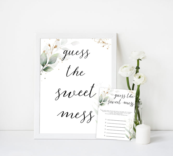 Gold green leaf baby games, guess the sweet mess, printable baby games, fun baby games, top baby games to play, gold leaf baby shower, greenery baby shower ideas