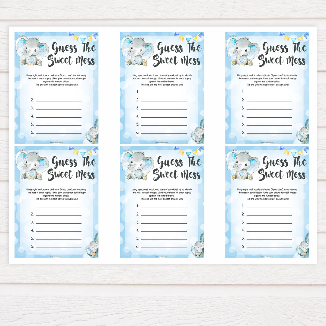 Blue elephant baby games, guess the sweet mess, elephant baby games, printable baby games, top baby games, best baby shower games, baby shower ideas, fun baby games, elephant baby shower
