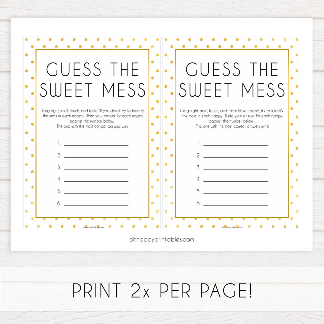 guess the sweet mess game, Printable baby shower games, baby gold dots fun baby games, baby shower games, fun baby shower ideas, top baby shower ideas, gold glitter shower baby shower, friends baby shower ideas