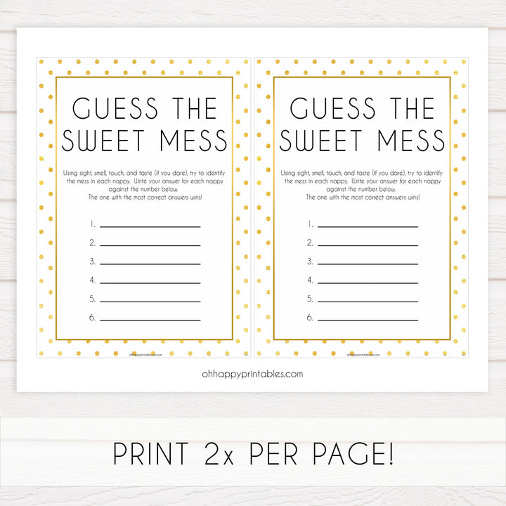 guess the sweet mess game, Printable baby shower games, baby gold dots fun baby games, baby shower games, fun baby shower ideas, top baby shower ideas, gold glitter shower baby shower, friends baby shower ideas