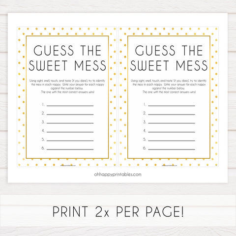 guess the sweet mess game, Printable baby shower games, baby gold dots fun baby games, baby shower games, fun baby shower ideas, top baby shower ideas, gold glitter shower baby shower, friends baby shower ideas