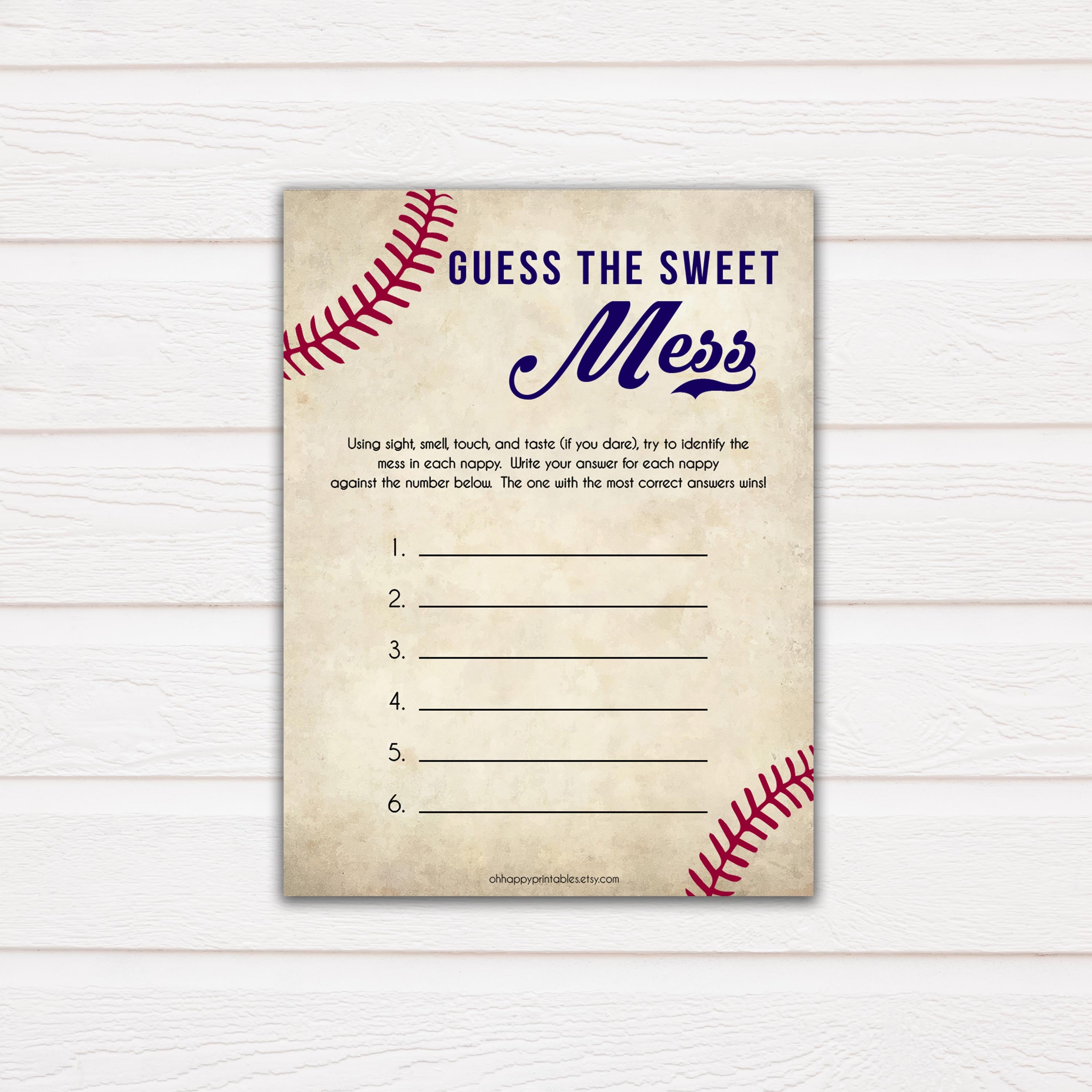 Baseball Baby Shower Guess The Mess Game, Baseball Baby Shower Guess The Sweet Mess, Baby Shower Games, Guess The Mess, Fun Baby Games, printable baby shower games, fun baby shower games, popular baby shower games
