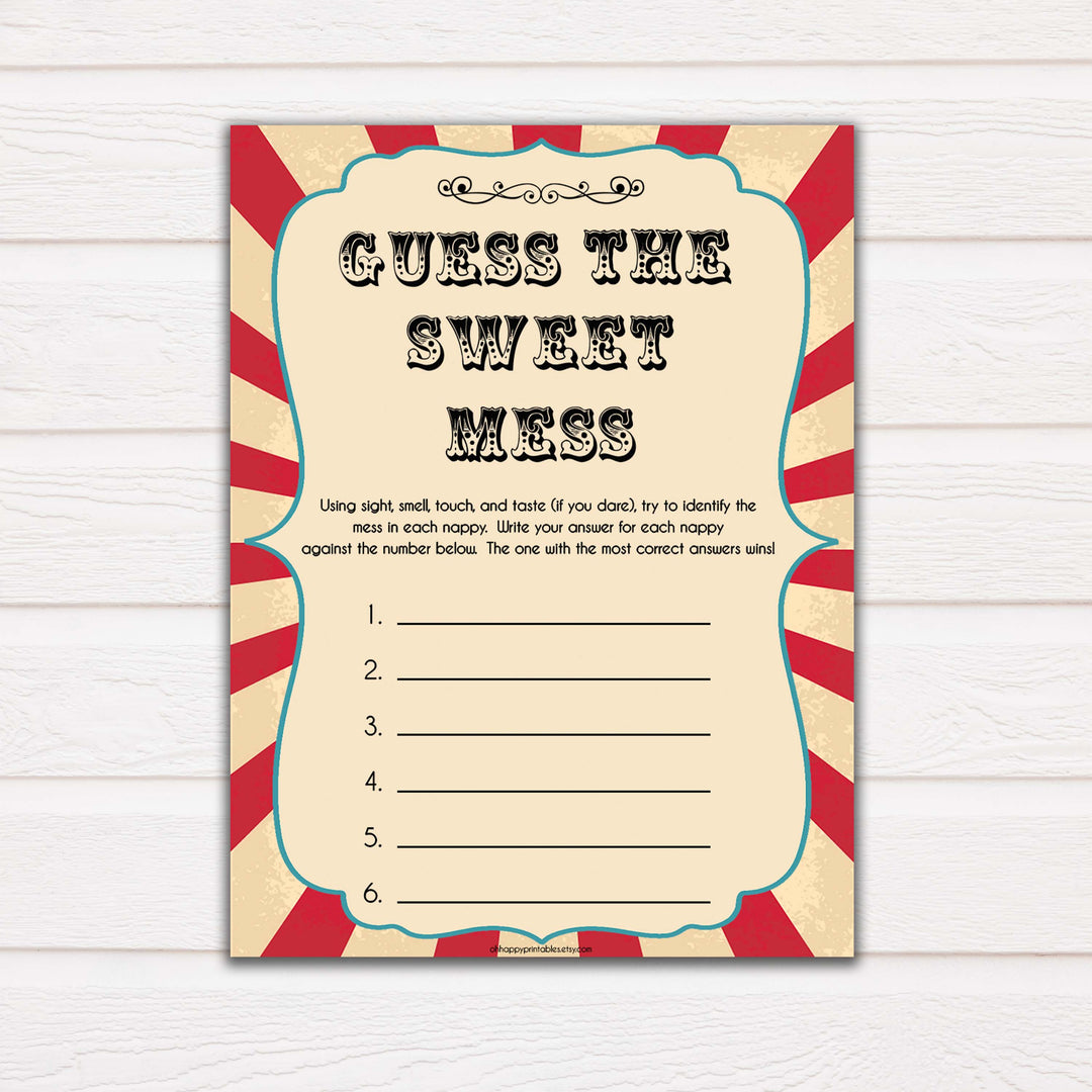 Circus guess the sweet mess baby shower games, circus baby games, carnival baby games, printable baby games, fun baby games, popular baby games, carnival baby shower, carnival theme