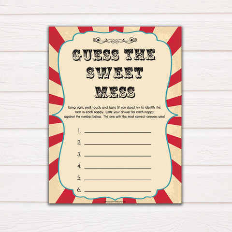 Circus guess the sweet mess baby shower games, circus baby games, carnival baby games, printable baby games, fun baby games, popular baby games, carnival baby shower, carnival theme