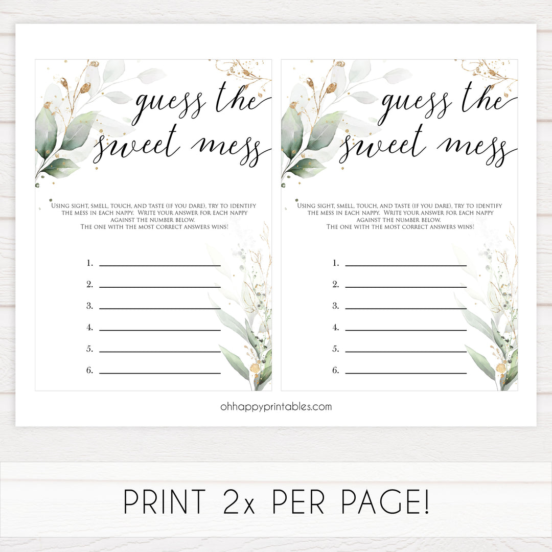 Gold green leaf baby games, guess the sweet mess, printable baby games, fun baby games, top baby games to play, gold leaf baby shower, greenery baby shower ideas