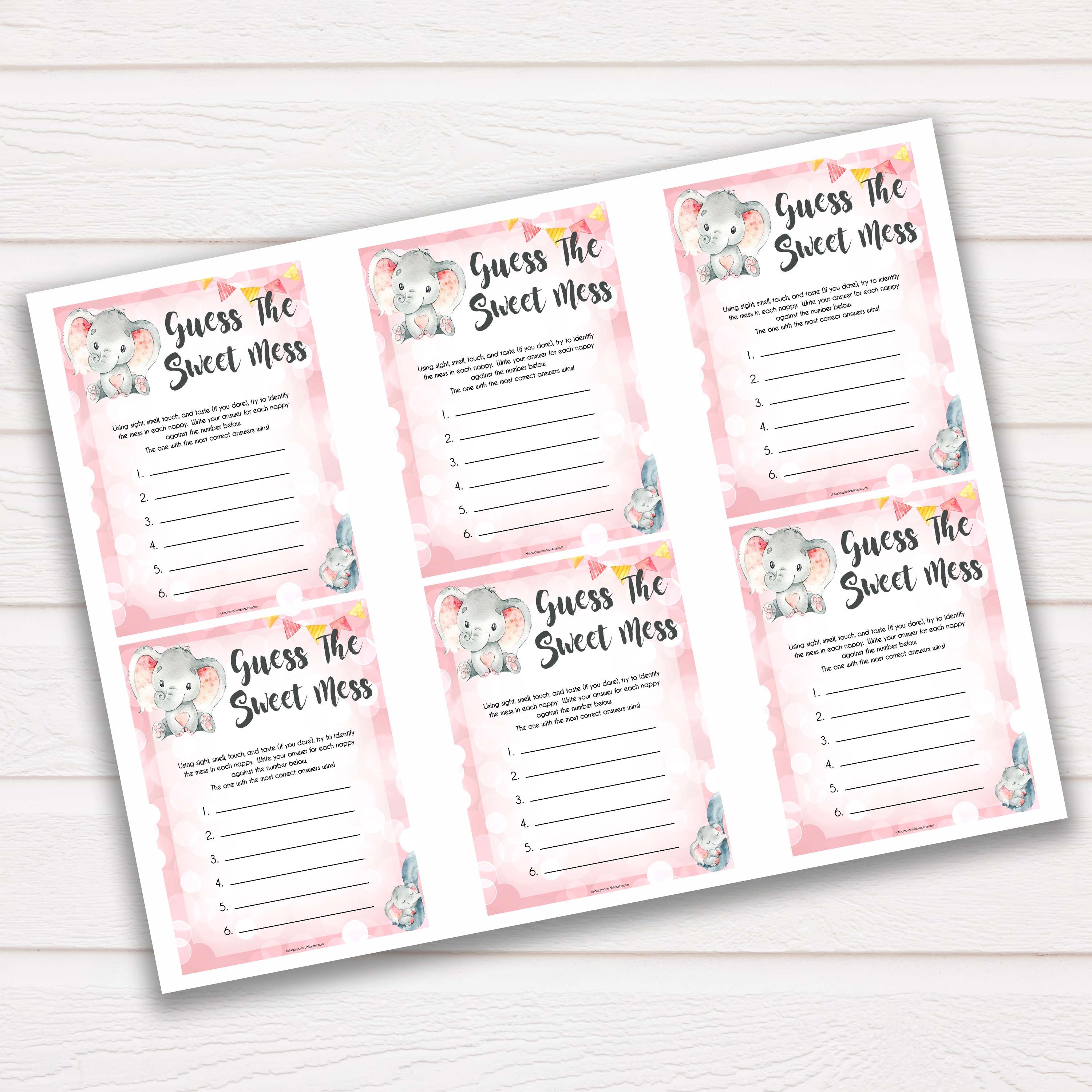 pink elephant baby games, guess the sweet mess baby shower games, printable baby shower games, baby shower games, fun baby games, popular baby games, pink baby games