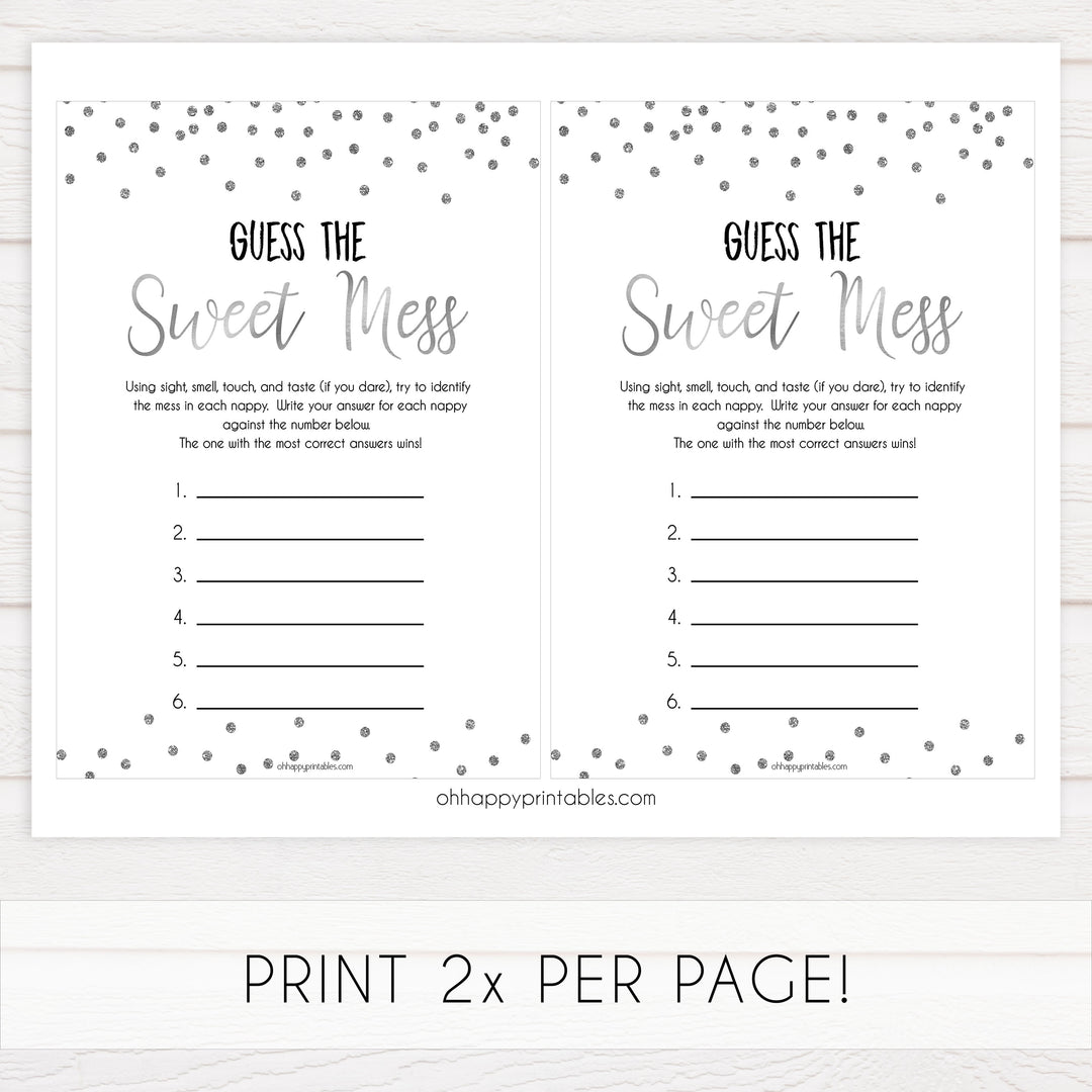 guess the sweet mess, dirty diaper game, Printable baby shower games, baby silver glitter fun baby games, baby shower games, fun baby shower ideas, top baby shower ideas, silver glitter shower baby shower, friends baby shower ideas