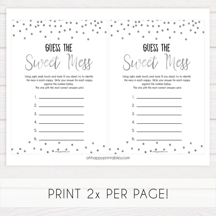 guess the sweet mess, dirty diaper game, Printable baby shower games, baby silver glitter fun baby games, baby shower games, fun baby shower ideas, top baby shower ideas, silver glitter shower baby shower, friends baby shower ideas