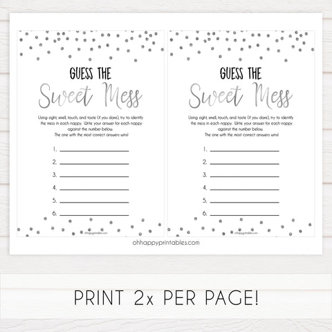 guess the sweet mess, dirty diaper game, Printable baby shower games, baby silver glitter fun baby games, baby shower games, fun baby shower ideas, top baby shower ideas, silver glitter shower baby shower, friends baby shower ideas