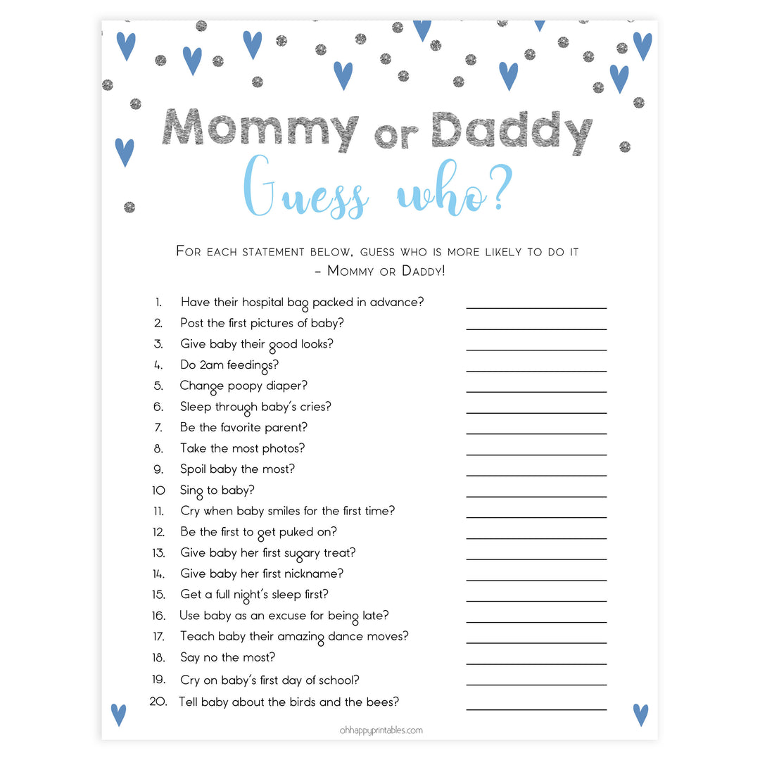 guess who baby game, who said it baby game, Printable baby shower games, small blue hearts fun baby games, baby shower games, fun baby shower ideas, top baby shower ideas, silver baby shower, blue hearts baby shower ideas