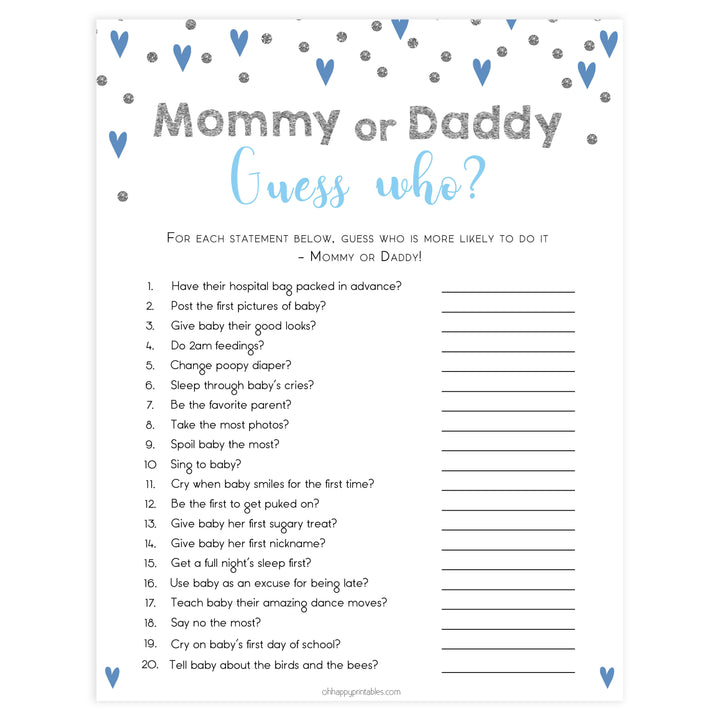 guess who baby game, who said it baby game, Printable baby shower games, small blue hearts fun baby games, baby shower games, fun baby shower ideas, top baby shower ideas, silver baby shower, blue hearts baby shower ideas