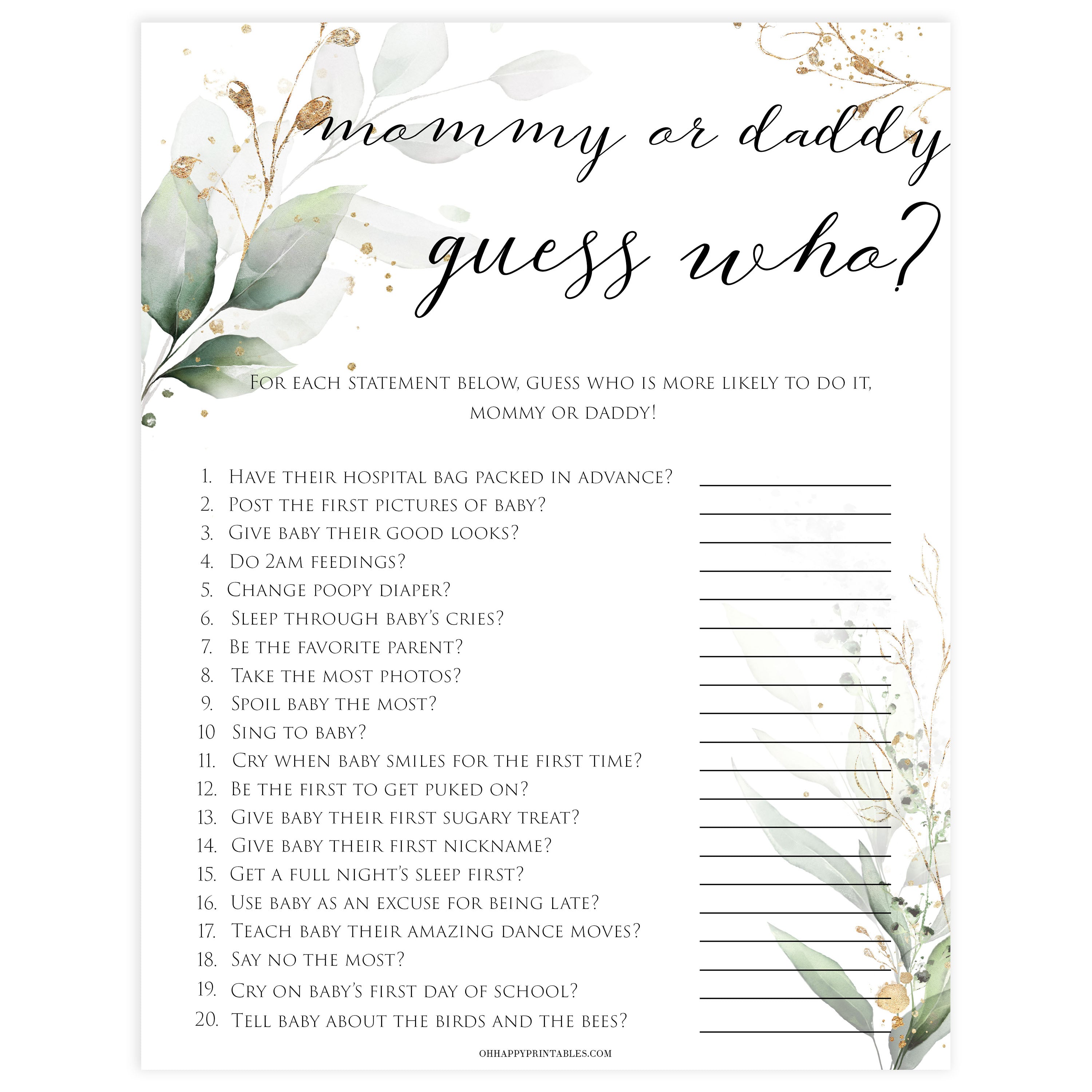 Gold green leaf baby games, guess who mommy or daddy game, printable baby games, fun baby games, top baby games to play, gold leaf baby shower, greenery baby shower ideas