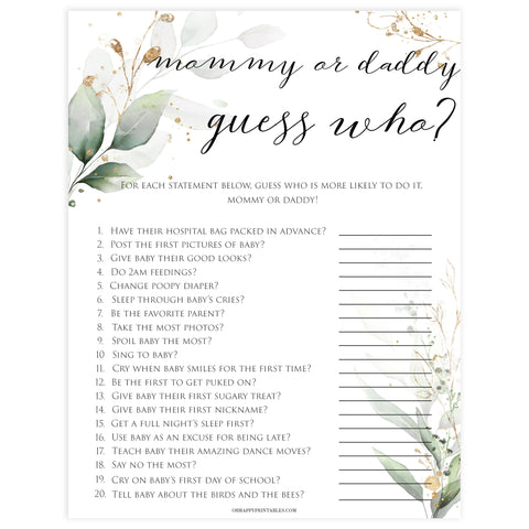 Gold green leaf baby games, guess who mommy or daddy game, printable baby games, fun baby games, top baby games to play, gold leaf baby shower, greenery baby shower ideas