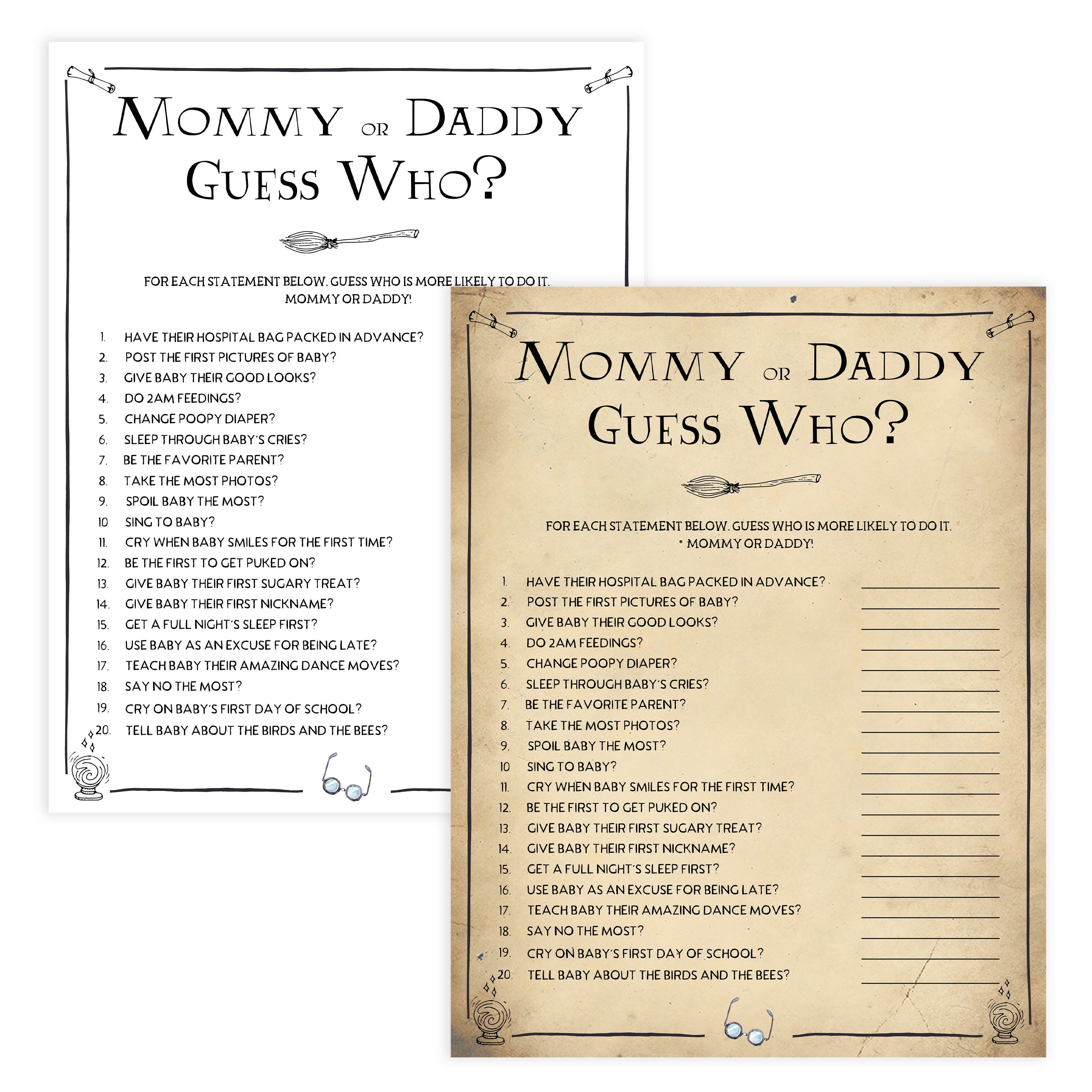Guess Who Mommy or Daddy Baby Game, Wizard baby shower games, printable baby shower games, Harry Potter baby games, Harry Potter baby shower, fun baby shower games,  fun baby ideas