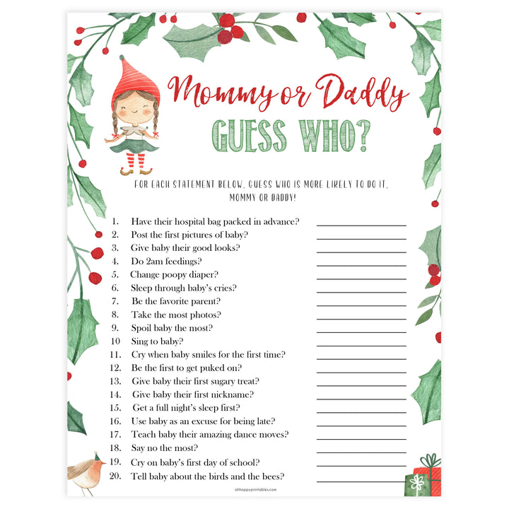 Christmas baby shower games, guess who mommy or daddy festive baby shower games, best baby shower games, top 10 baby games, baby shower ideas, baby shower games