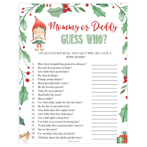 Christmas baby shower games, guess who mommy or daddy festive baby shower games, best baby shower games, top 10 baby games, baby shower ideas, baby shower games