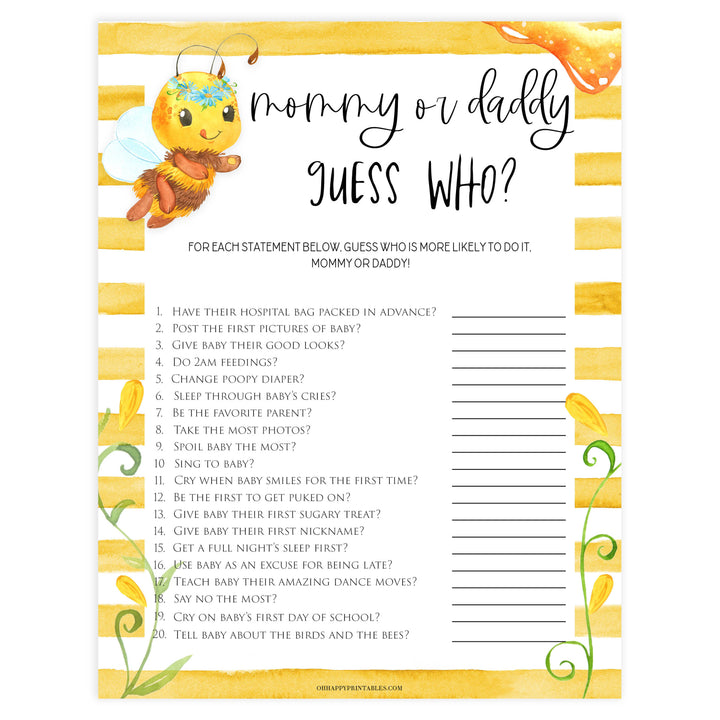 guess who mommy or daddy game, Printable baby shower games, mommy bee fun baby games, baby shower games, fun baby shower ideas, top baby shower ideas, mommy to bee baby shower, friends baby shower ideas