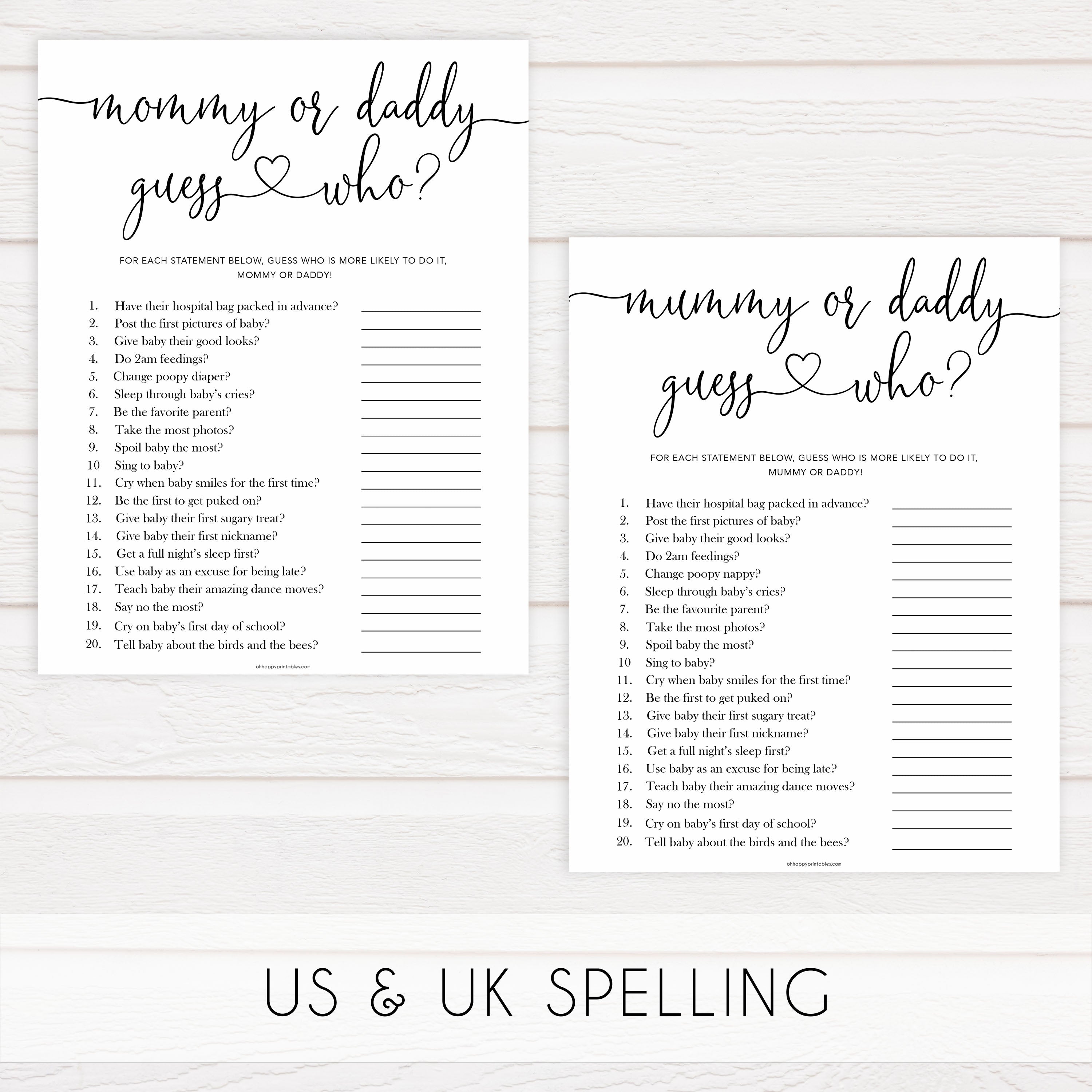 Minimalist baby shower games, guess who mommy or daddy baby games, 10 baby game bundles, fun baby games, printable baby games, top baby games, popular baby games, labor or porn games, neutral baby games, gender reveal games