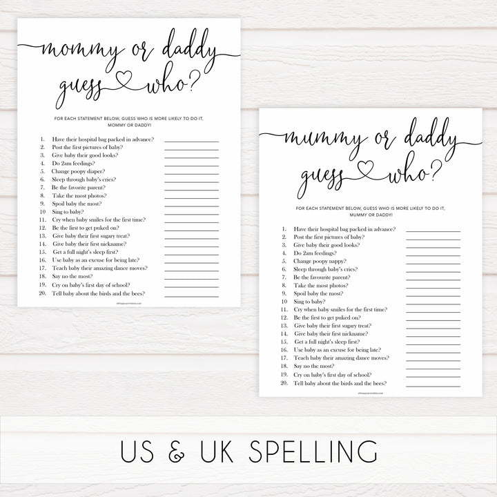 Minimalist baby shower games, guess who mommy or daddy baby games, 10 baby game bundles, fun baby games, printable baby games, top baby games, popular baby games, labor or porn games, neutral baby games, gender reveal games