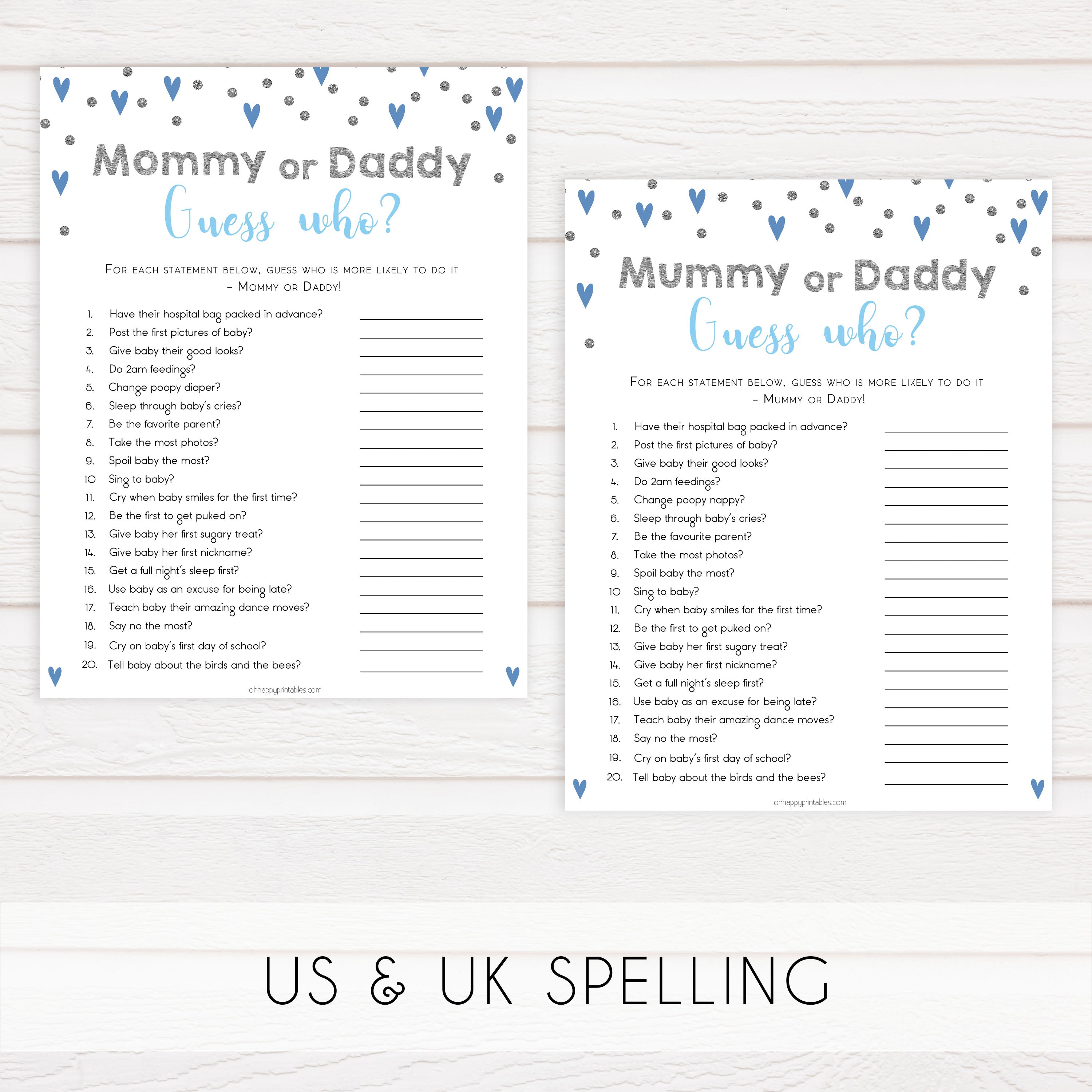 guess who baby game, who said it baby game, Printable baby shower games, small blue hearts fun baby games, baby shower games, fun baby shower ideas, top baby shower ideas, silver baby shower, blue hearts baby shower ideas