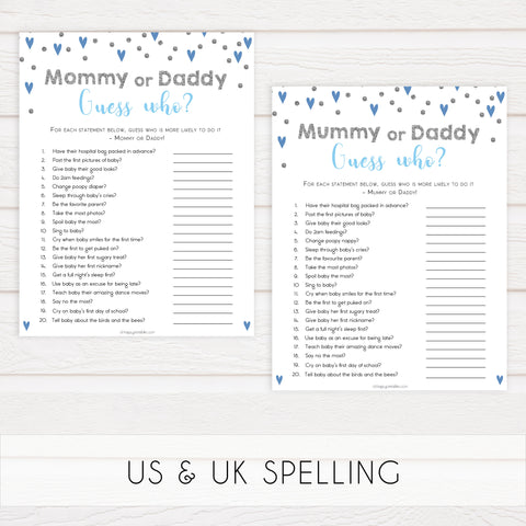 guess who baby game, who said it baby game, Printable baby shower games, small blue hearts fun baby games, baby shower games, fun baby shower ideas, top baby shower ideas, silver baby shower, blue hearts baby shower ideas