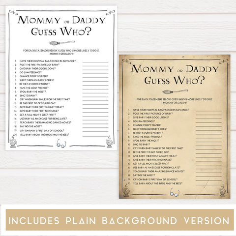 Guess Who Mommy or Daddy Baby Game, Wizard baby shower games, printable baby shower games, Harry Potter baby games, Harry Potter baby shower, fun baby shower games,  fun baby ideas