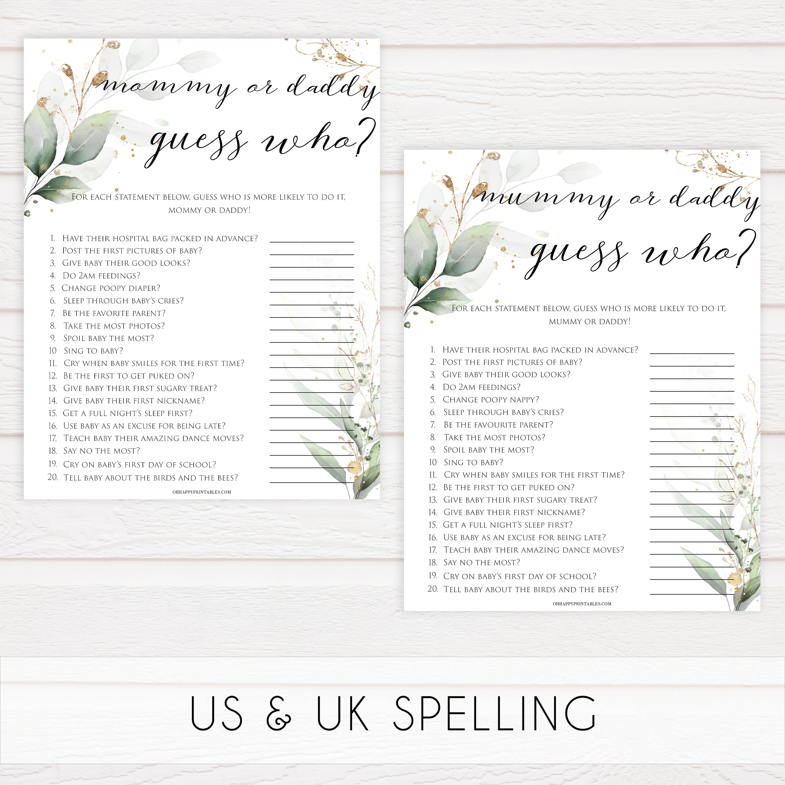 Gold green leaf baby games, guess who mommy or daddy game, printable baby games, fun baby games, top baby games to play, gold leaf baby shower, greenery baby shower ideas