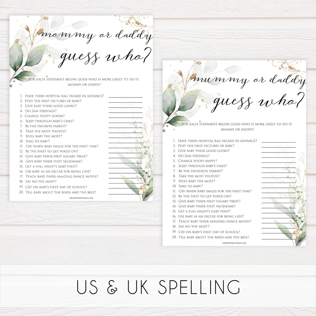 Gold green leaf baby games, guess who mommy or daddy game, printable baby games, fun baby games, top baby games to play, gold leaf baby shower, greenery baby shower ideas