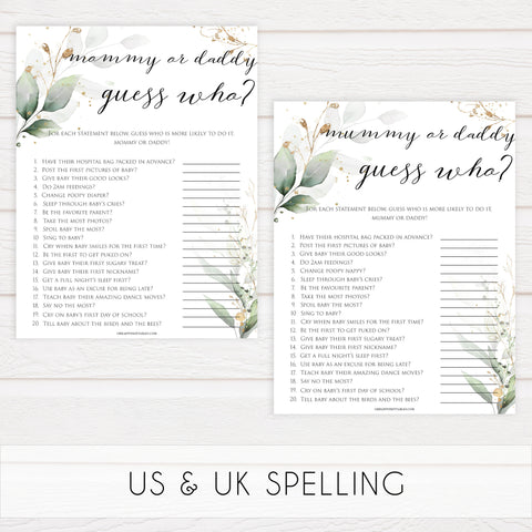 Gold green leaf baby games, guess who mommy or daddy game, printable baby games, fun baby games, top baby games to play, gold leaf baby shower, greenery baby shower ideas