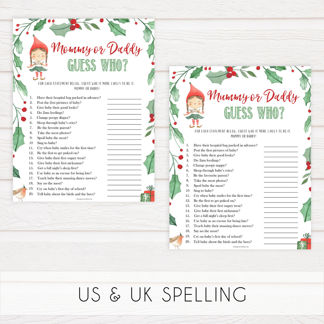 Christmas baby shower games, guess who mommy or daddy festive baby shower games, best baby shower games, top 10 baby games, baby shower ideas, baby shower games