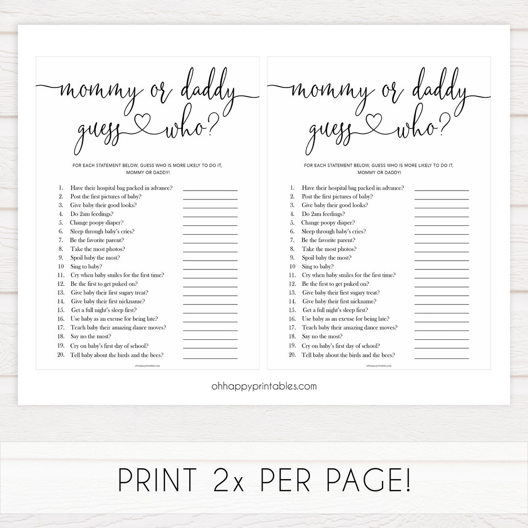 Minimalist baby shower games, guess who mommy or daddy baby games, 10 baby game bundles, fun baby games, printable baby games, top baby games, popular baby games, labor or porn games, neutral baby games, gender reveal games