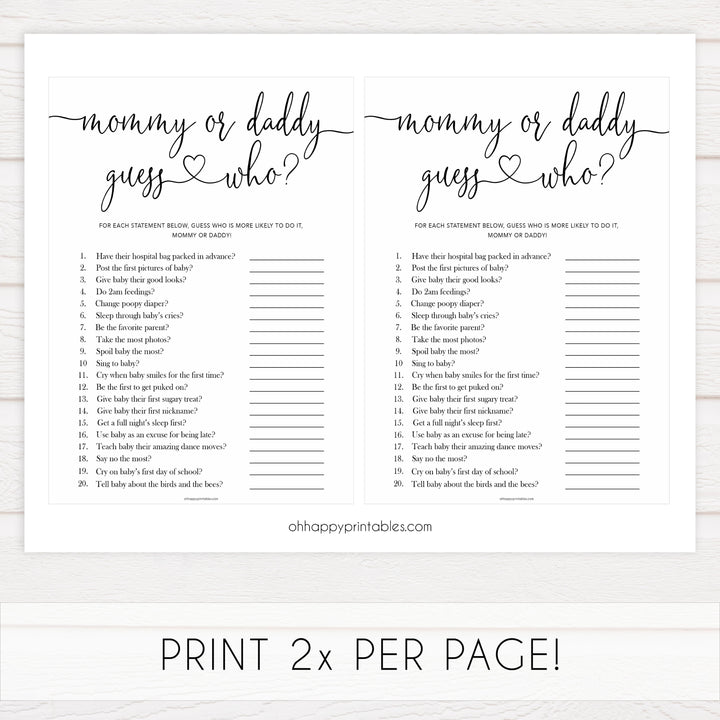 Minimalist baby shower games, guess who mommy or daddy baby games, 10 baby game bundles, fun baby games, printable baby games, top baby games, popular baby games, labor or porn games, neutral baby games, gender reveal games