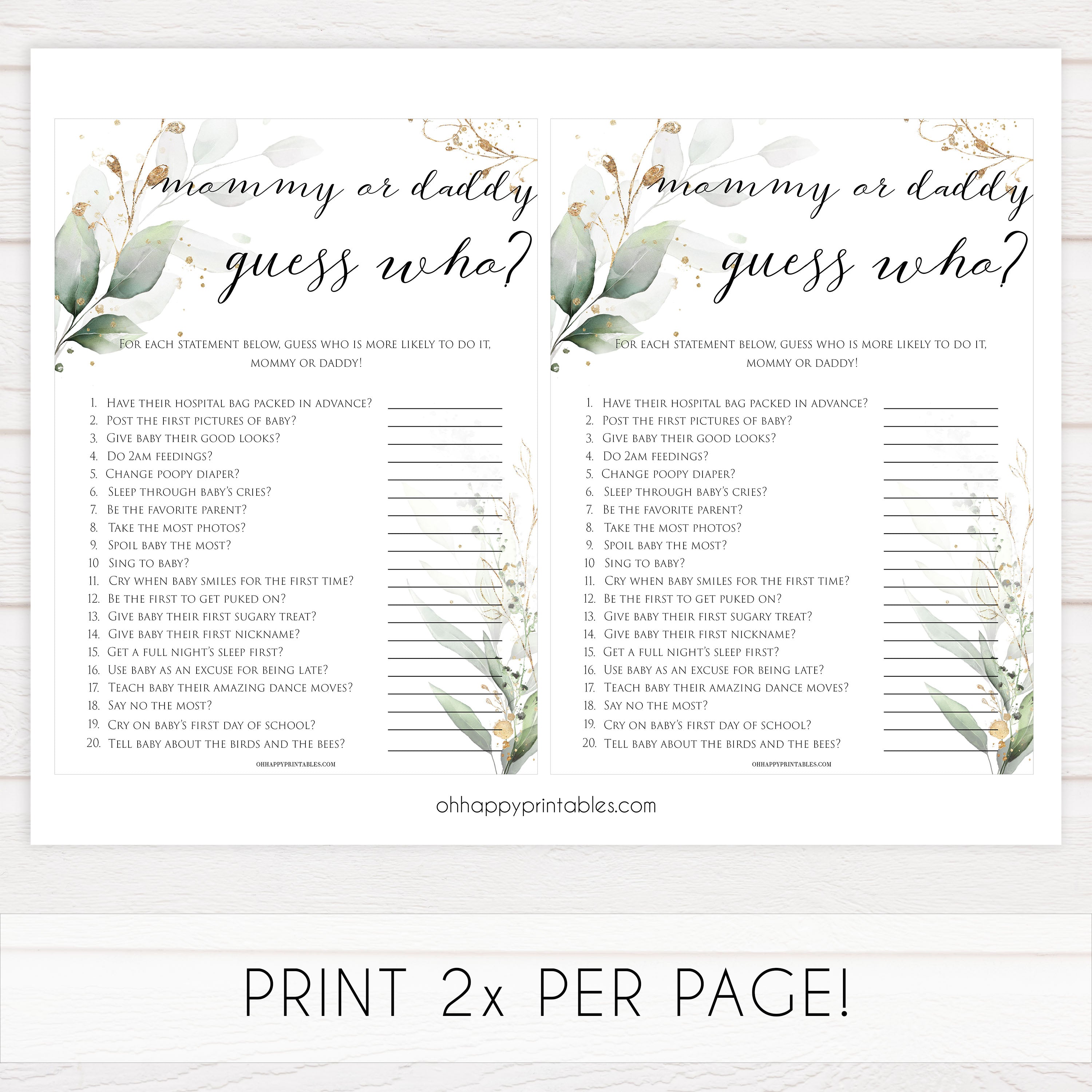 Gold green leaf baby games, guess who mommy or daddy game, printable baby games, fun baby games, top baby games to play, gold leaf baby shower, greenery baby shower ideas