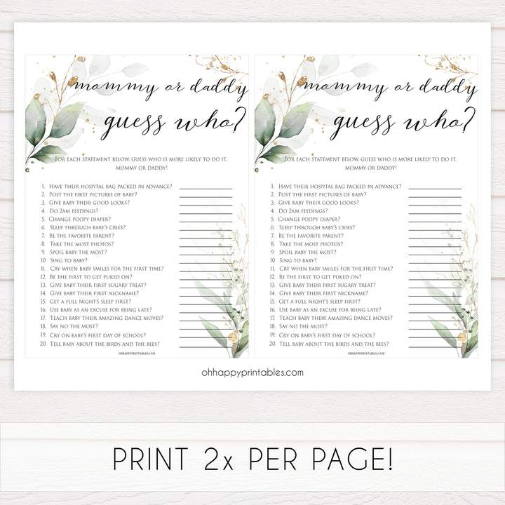 Gold green leaf baby games, guess who mommy or daddy game, printable baby games, fun baby games, top baby games to play, gold leaf baby shower, greenery baby shower ideas