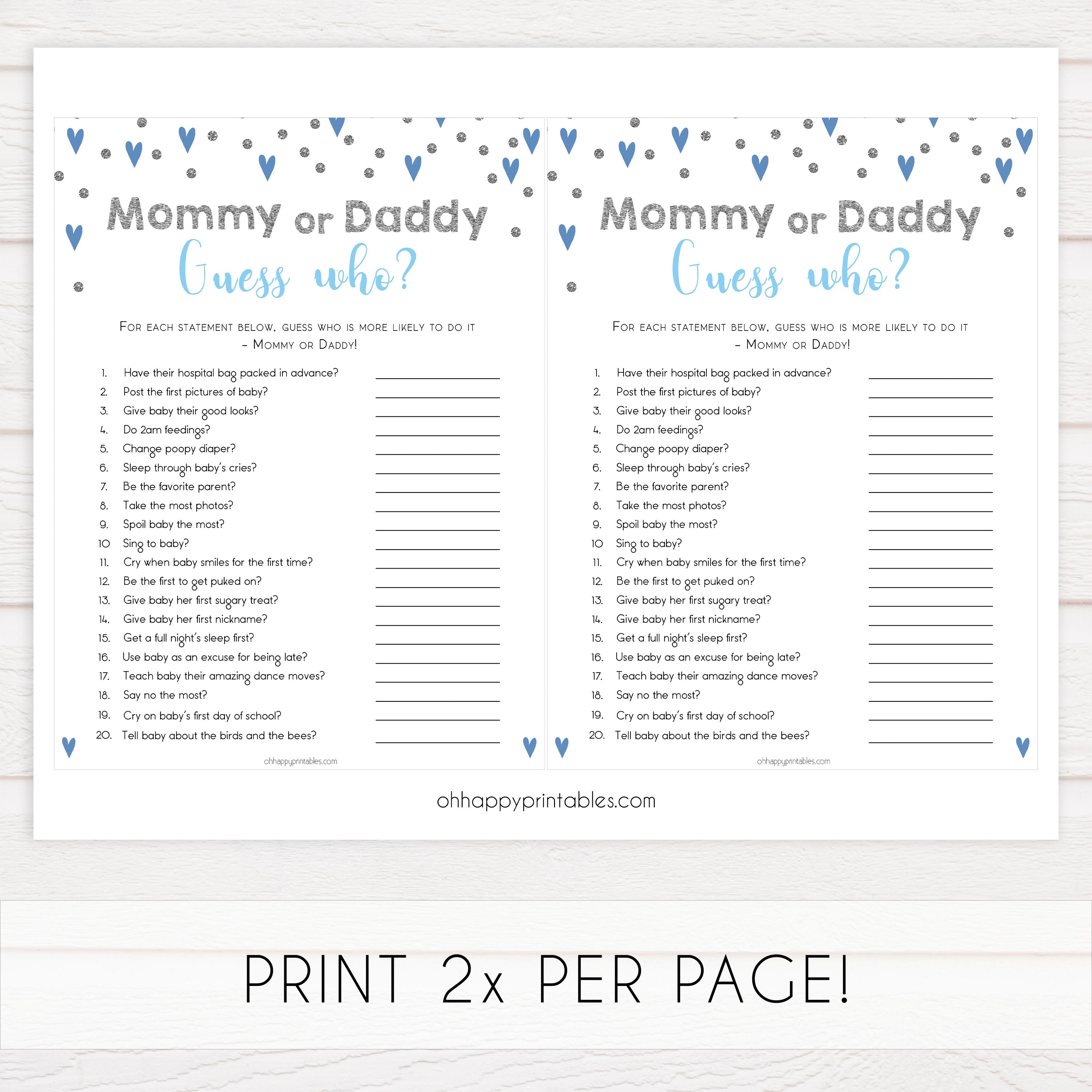 guess who baby game, who said it baby game, Printable baby shower games, small blue hearts fun baby games, baby shower games, fun baby shower ideas, top baby shower ideas, silver baby shower, blue hearts baby shower ideas