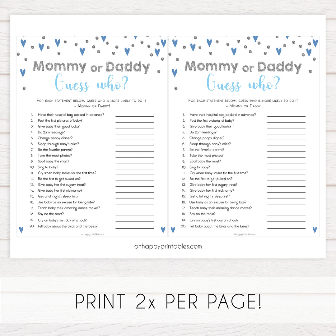 guess who baby game, who said it baby game, Printable baby shower games, small blue hearts fun baby games, baby shower games, fun baby shower ideas, top baby shower ideas, silver baby shower, blue hearts baby shower ideas