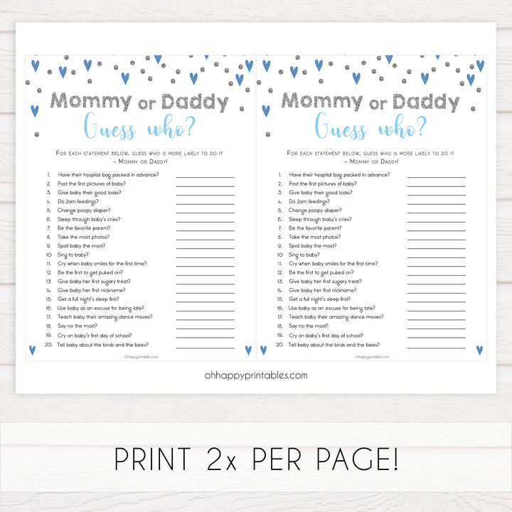 guess who baby game, who said it baby game, Printable baby shower games, small blue hearts fun baby games, baby shower games, fun baby shower ideas, top baby shower ideas, silver baby shower, blue hearts baby shower ideas