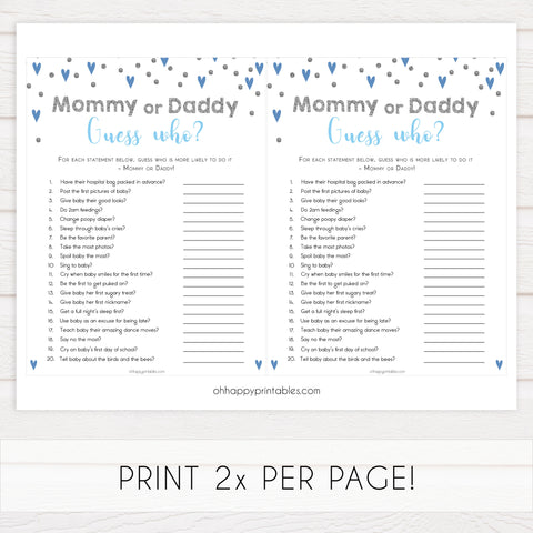 guess who baby game, who said it baby game, Printable baby shower games, small blue hearts fun baby games, baby shower games, fun baby shower ideas, top baby shower ideas, silver baby shower, blue hearts baby shower ideas
