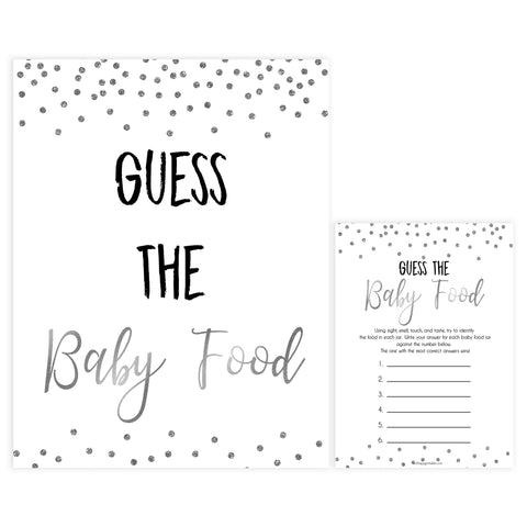 guess the baby food game, baby food game, Printable baby shower games, baby silver glitter fun baby games, baby shower games, fun baby shower ideas, top baby shower ideas, silver glitter shower baby shower, friends baby shower ideas
