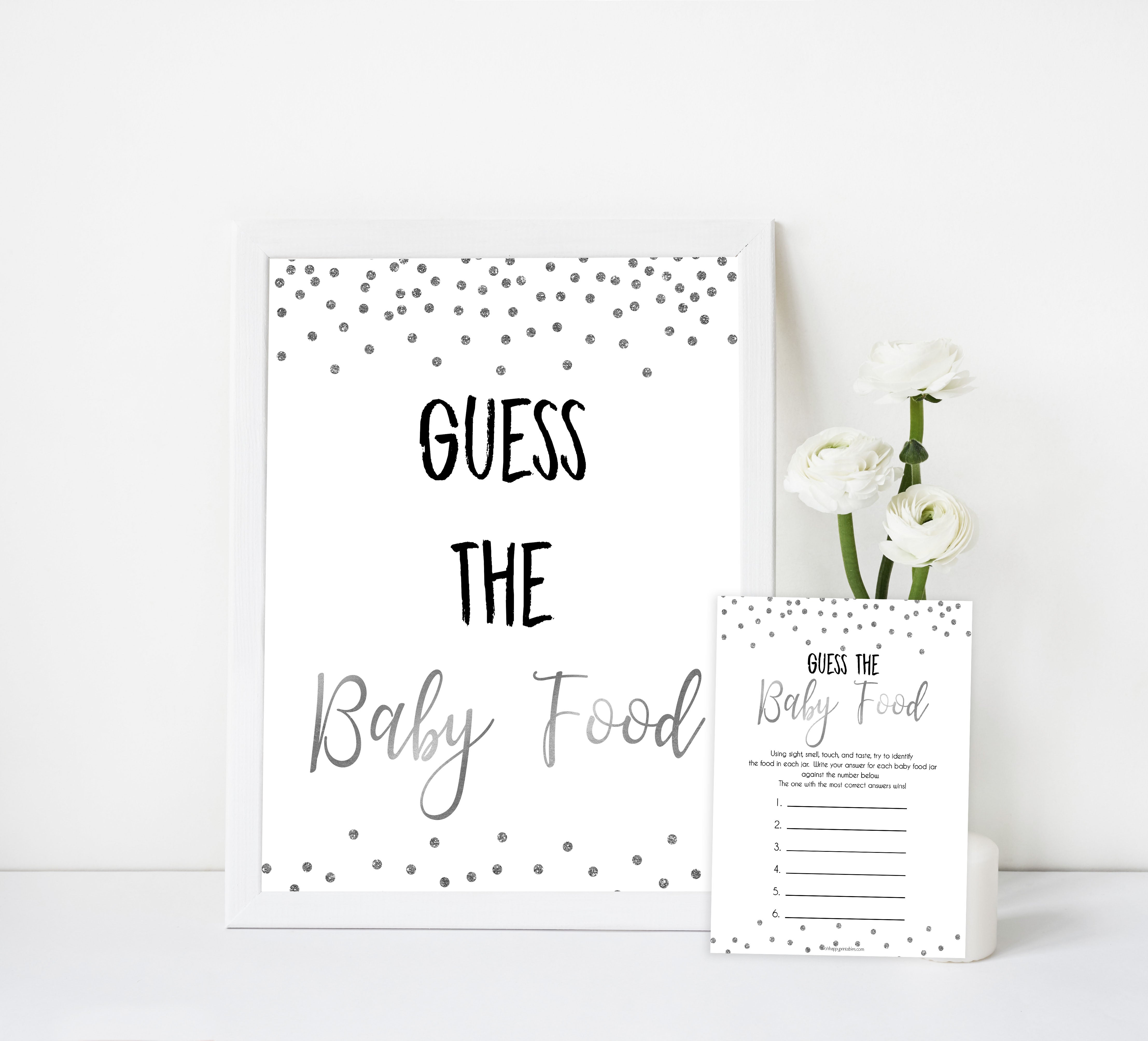 guess the baby food game, baby food game, Printable baby shower games, baby silver glitter fun baby games, baby shower games, fun baby shower ideas, top baby shower ideas, silver glitter shower baby shower, friends baby shower ideas