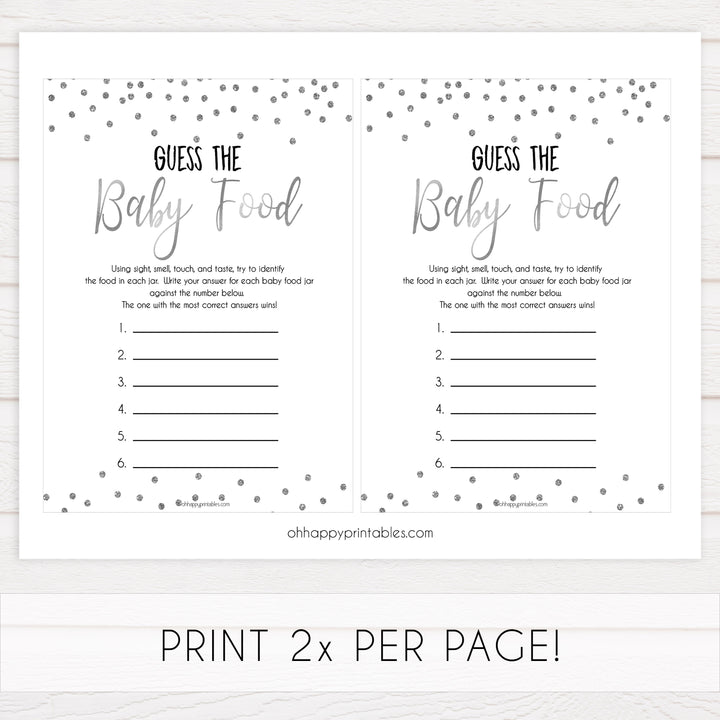 guess the baby food game, baby food game, Printable baby shower games, baby silver glitter fun baby games, baby shower games, fun baby shower ideas, top baby shower ideas, silver glitter shower baby shower, friends baby shower ideas