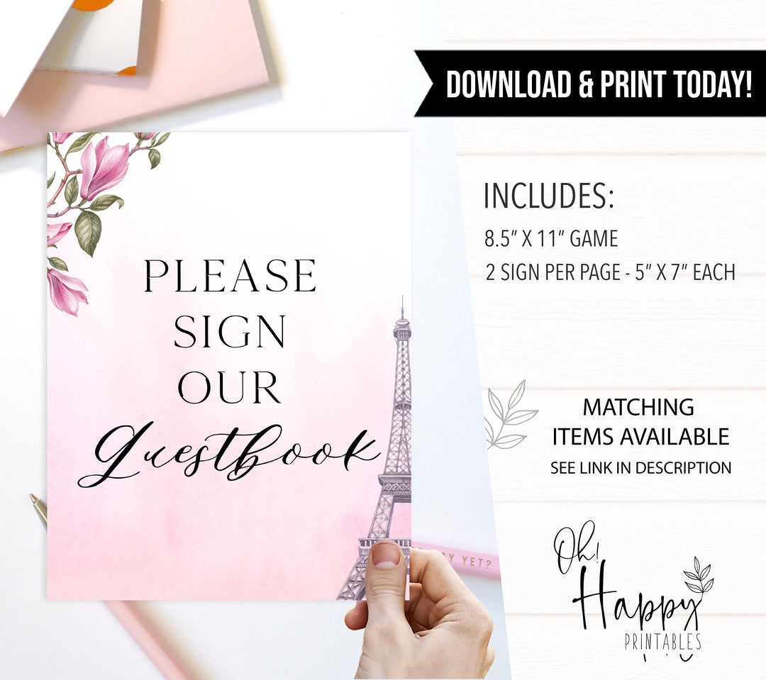 guestbook baby shower table sign, Paris baby shower games, printable baby shower games, Parisian baby shower games, fun baby shower games