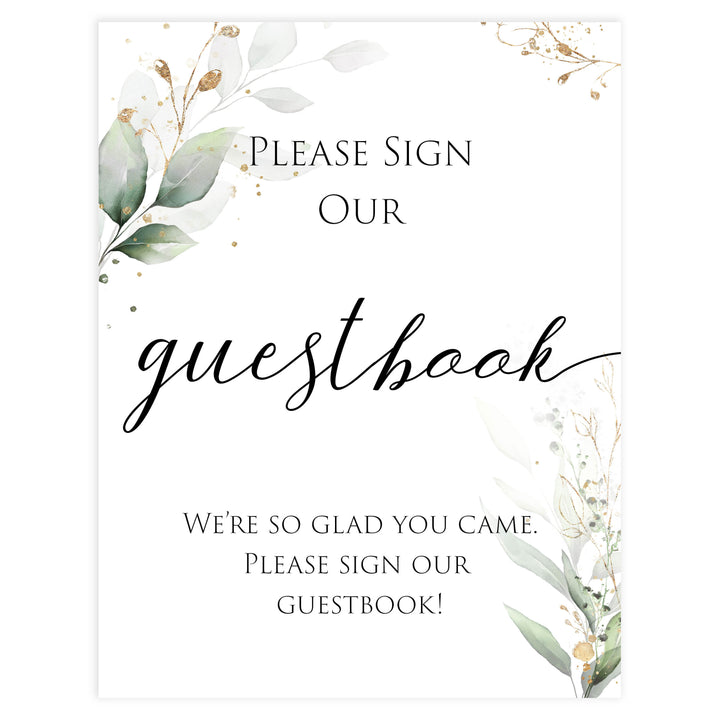 Gold green leaf baby signs, guestbook baby signs, printable baby shower decor, fun baby signs, top baby games to play, gold leaf baby shower decor, greenery baby shower ideas