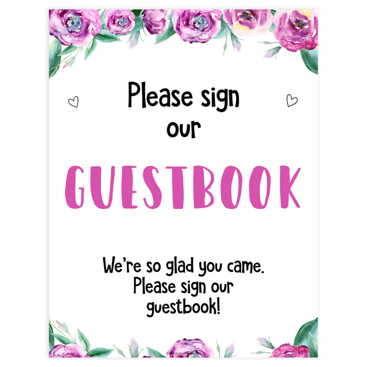 guestbook baby shower sign, printable baby shower signs, purple peonies baby decor, fun baby shower ideas