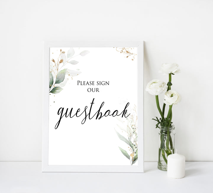 sign the guestbook, Printable bridal shower signs, greenery bridal shower decor, gold leaf bridal shower decor ideas, fun bridal shower decor, bridal shower game ideas, greenery bridal shower ideas