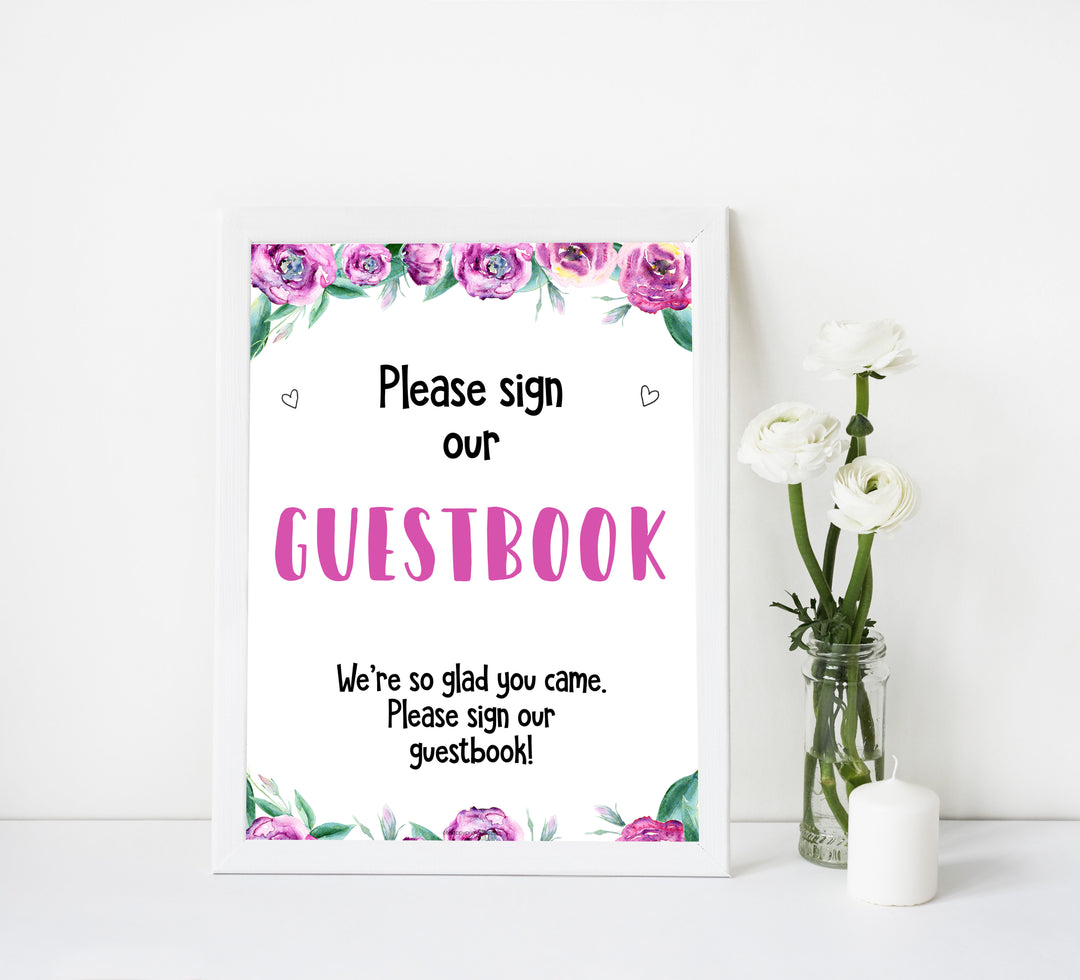 guestbook baby shower sign, printable baby shower signs, purple peonies baby decor, fun baby shower ideas