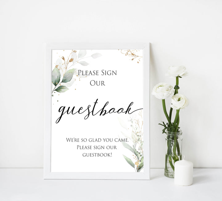 Gold green leaf baby signs, guestbook baby signs, printable baby shower decor, fun baby signs, top baby games to play, gold leaf baby shower decor, greenery baby shower ideas