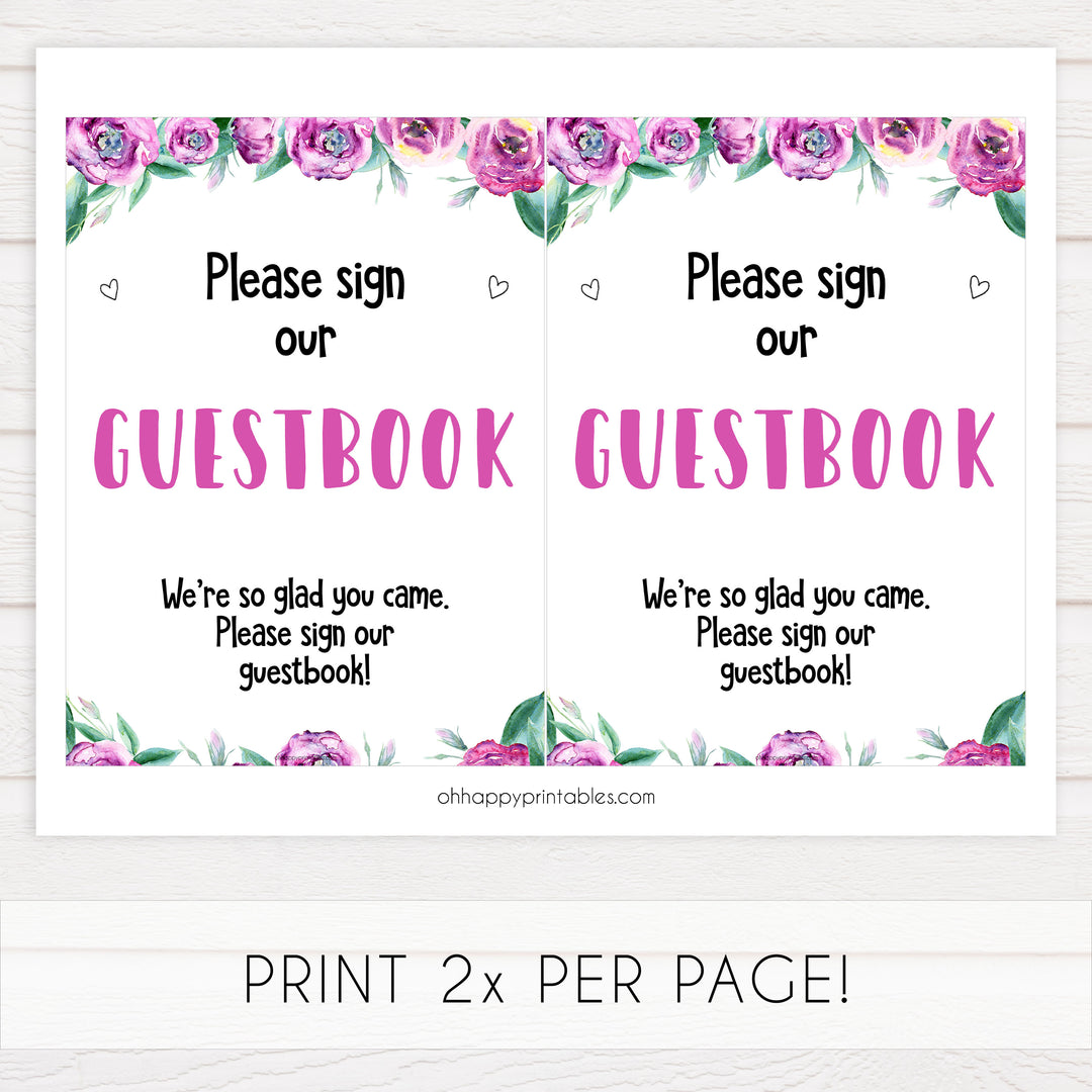 guestbook baby shower sign, printable baby shower signs, purple peonies baby decor, fun baby shower ideas