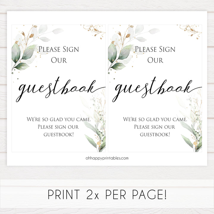 Gold green leaf baby signs, guestbook baby signs, printable baby shower decor, fun baby signs, top baby games to play, gold leaf baby shower decor, greenery baby shower ideas